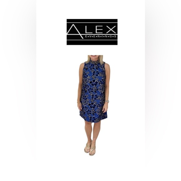 Alex Evenings Silk Blend Blue & Black Beaded Halter Mini Dress 8 - Picture 1 of 16